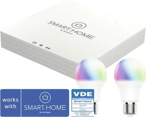 Passerelle Smart Home by Hornbach avec deux ampoules LED, label VDE pour la sécurité de l'information et logo Smart Home by Hornbach.