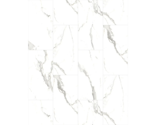 Feinsteinzeugfliesen in weißer Marmoroptik mit grauer Maserung.