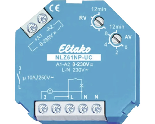 Relais de temporisation Eltako NLZ61NP-UC avec réglages rotatifs et bornes de raccordement.