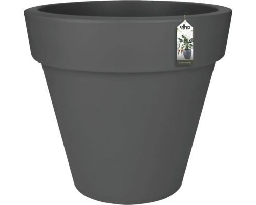 Pot de fleurs elho en plastique anthracite, rond avec un large rebord.
