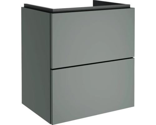 Grauer Waschbeckenunterschrank mit zwei Schubladen, griffloses Design, wandhängend.