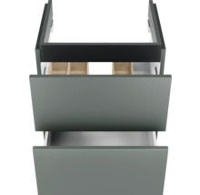 Waschtischunterschrank mit zwei grauen Schubladen und schwarzem Rahmen, obere Schublade mit hölzerner Inneneinteilung.