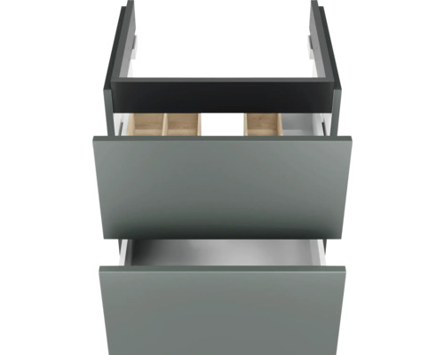 Waschtischunterschrank mit zwei grauen Schubladen und schwarzem Rahmen, obere Schublade mit hölzerner Inneneinteilung.