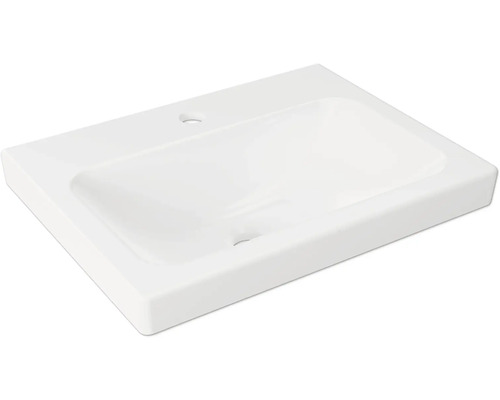 Lavabo rectangulaire blanc en fonte minérale avec un trou de robinetterie.
