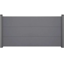 Panneau de clôture gris avec lames horizontales et deux poteaux.