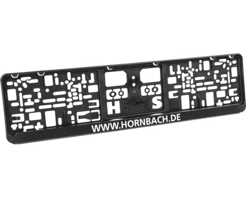Support de plaque d immatriculation noir en plastique avec divers trous de montage et l inscription WWW.HORNBACH.DE.