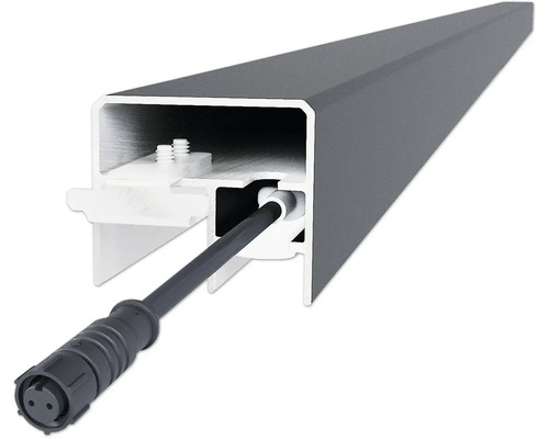 Vue en coupe d'un profilé en aluminium anthracite avec câble de raccordement intégré et connecteur rond.
