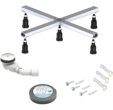 Kit de montage pour receveur de douche avec support métallique réglable, vidage avec siphon, ruban d'étanchéité et matériel de fixation.