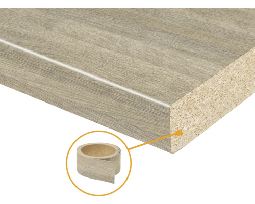 Dekorkante K4324 Quarzeiche 650x45 mm (2 Stück) Küchenarbeitsplatte mit Spanplattenkern und Holzdekor sowie passender Kantenumleimer.