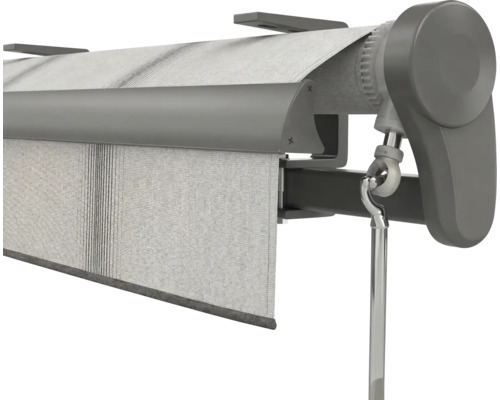 Gelenkarmmarkise mit grauem Stoff und Kurbelantrieb.