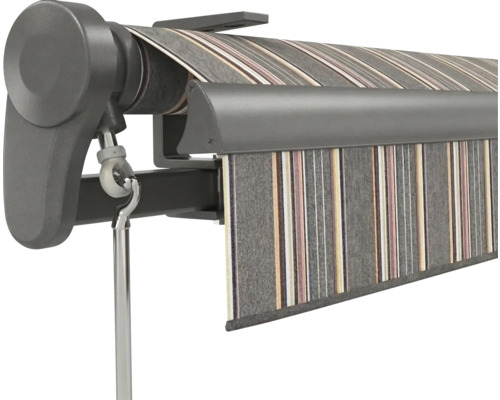 Gelenkarmmarkise mit gestreiftem Stoff, Handkurbel und Metallgehäuse zur Wandmontage.