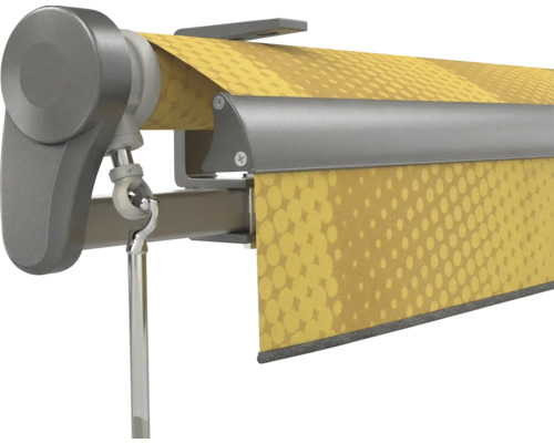 Gelenkarmmarkise mit gelb gemustertem Stoff und Kurbelstange an einer grauen Metallkassette.