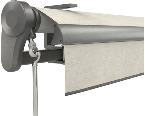 Detailansicht einer Markise mit Kurbelantrieb, hellgrauem Markisentuch und robustem Metallgestell.