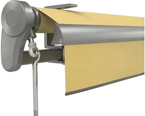 Detailansicht einer Markise mit Kurbelöse, Wandhalterung und gelbem Stoff.