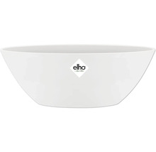 Weiße, runde Pflanzschale aus Kunststoff mit elho Logo.