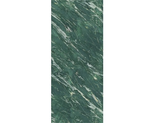 Surface à l'aspect marbre vert avec des veines diagonales blanches et dorées.