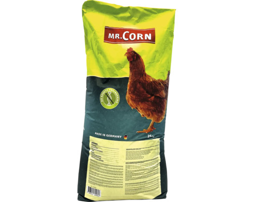 Geflügelfutter Mr. Corn Legemehl 25 kg MR.CORN Legemehl 25 kg Sack für Hühner, ohne Gentechnik, hergestellt in Deutschland, mit Abbildung einer Henne.