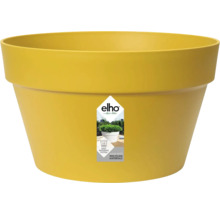 Pot de fleurs rond jaune elho en plastique avec système d'arrosage et fabriqué en matériaux recyclés.