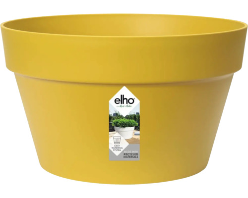 Pot de fleurs rond jaune elho en plastique avec système d'arrosage et fabriqué en matériaux recyclés.