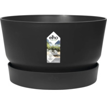 Pot de fleurs rond noir de elho avec soucoupe assortie, fabriqué en plastique recyclé avec système d'arrosage intégré. elho Logo.
