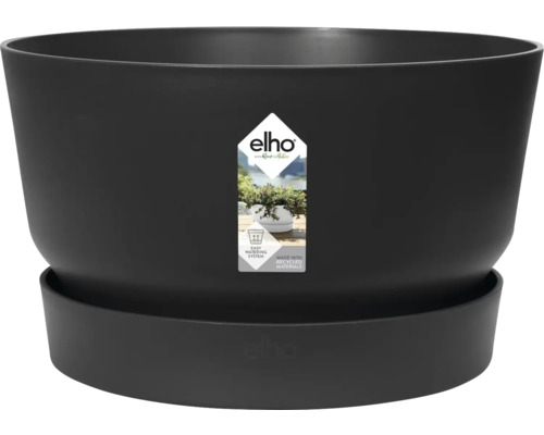 Pot de fleurs rond noir de elho avec soucoupe assortie, fabriqué en plastique recyclé avec système d'arrosage intégré. elho Logo.