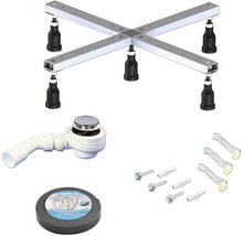 Kit de pieds pour receveur de douche comprenant un support en croix métallique avec pieds réglables, vidage, ancrages et bande d'étanchéité.