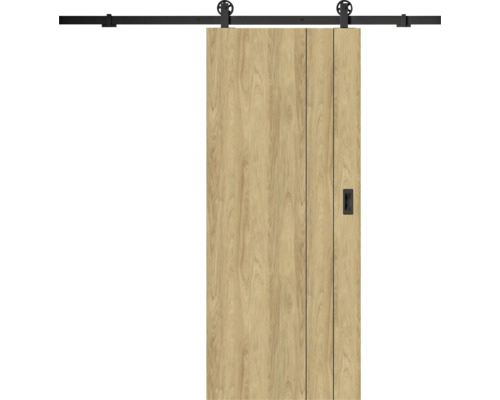 Porte coulissante en aspect bois avec système de rail noir et poignée encastrée.