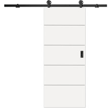 Weiße Schiebetür mit vier horizontalen Streifen, schwarzer Laufschiene mit Speichenrollen und schwarzer Griffmuschel.