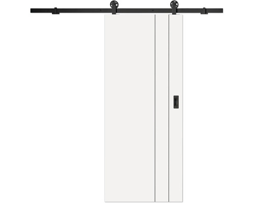 Porte coulissante blanche avec système de rail noir, roulettes apparentes et poignée encastrée, décorée de rainures verticales.