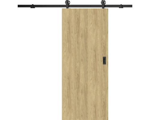 Porte coulissante aspect bois avec rail de coulissement noir, roulettes et poignée encastrée.