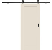 Schiebetür im Barn-Door-Stil mit cremefarbenem Türblatt, schwarzem Schienensystem und sichtbaren Laufrollen.