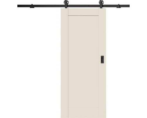 Porte coulissante de style grange avec vantail crème, système de rail noir et galets de roulement apparents.