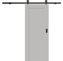 Porte coulissante gris clair style grange avec système de rail en métal noir et poignée encastrée.