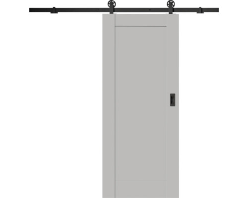 Porte coulissante gris clair style grange avec système de rail en métal noir et poignée encastrée.