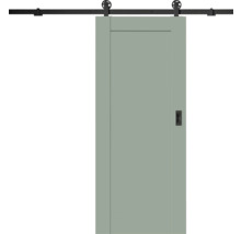 Porte coulissante verte avec système de rail noir et poignée cuvette.