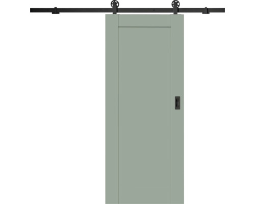 Porte coulissante verte avec système de rail noir et poignée cuvette.