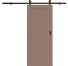 Schiebetür im Scheunentor-Stil mit schwarzem Schienensystem und Griffmuschel, braun