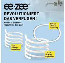 ee.zee Logo. Silikonfugenbänder in 5 Meter und 130 Zentimeter Länge sowie ein Silikonfugenring mit Durchmesser 80 Zentimeter.