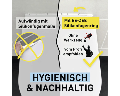 Toilettenmontage: Vergleich von Silikonfuge und EE-ZEE Silikonfugenring. Werkzeuglos, hygienisch, nachhaltig und von Profis empfohlen.