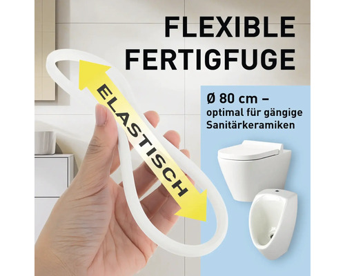 Flexible Fertigfuge für Sanitärkeramik, elastisch, Durchmesser 80 Zentimeter, geeignet für Toiletten und Urinale.