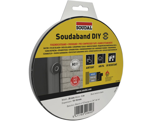 Soudal Logo, Soudaband DIY bande d étanchéité, largeur 20 millimètres, longueur 3 mètres, expansion 10 à 18 millimètres, résistante aux UV et étanche.