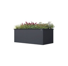 Carré potager surélevé rectangulaire Weka en bois anthracite, planté de diverses herbes et plantes de jardin.