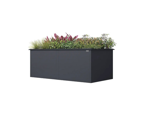 Carré potager surélevé Weka en anthracite, garni de graminées et de diverses plantes de jardin. Weka Logo.