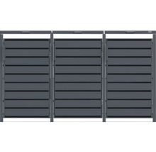 Weka Mülltonnenbox für drei Tonnen aus Metall mit horizontalen Lamellen.