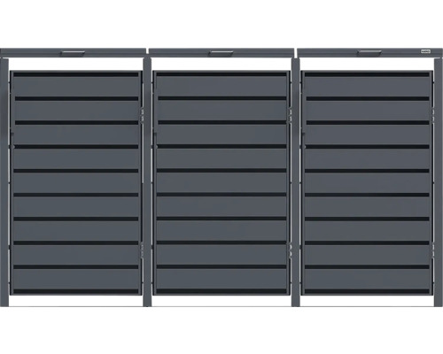 Weka Mülltonnenbox für drei Tonnen aus Metall mit horizontalen Lamellen.