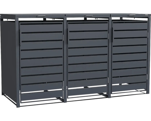 Dreifach-Mülltonnenbox aus Metall in Anthrazit mit horizontalen Lamellen und drei Türen.