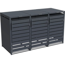 Mülltonnenbox für 3 Tonnen aus Metall in Anthrazit mit Lamellenfront und Klappdeckeln.