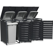 Mülltonnenbox für drei Tonnen aus Metall in Anthrazit mit Klappdeckeln und Lamellentüren.