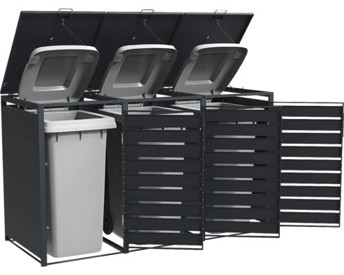 Mülltonnenbox für drei Tonnen aus Metall in Anthrazit mit Klappdeckeln und Lamellentüren.
