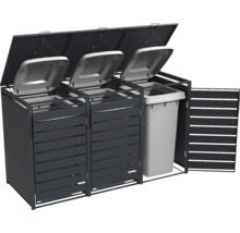 Dreifach-Mülltonnenbox aus anthrazitfarbenen Metall-Lamellen mit geöffneten Deckeln und Fronttüren, eine graue Mülltonne im Inneren.